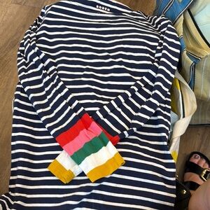 Boden Navy Striped Top with Colorful Cuffs